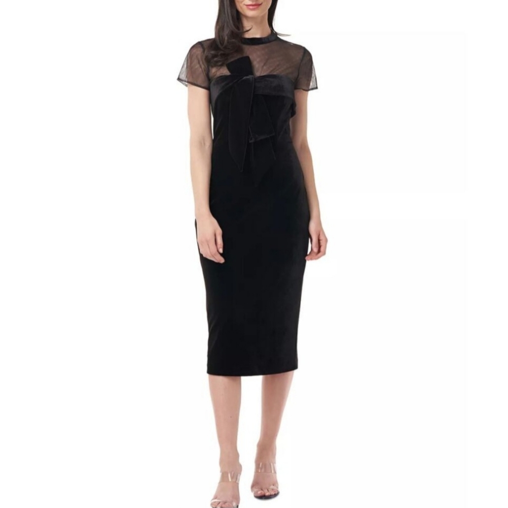 JS Collections Women's Cocktail Dress Black Velvet Short Sleeve Sheath Size 12